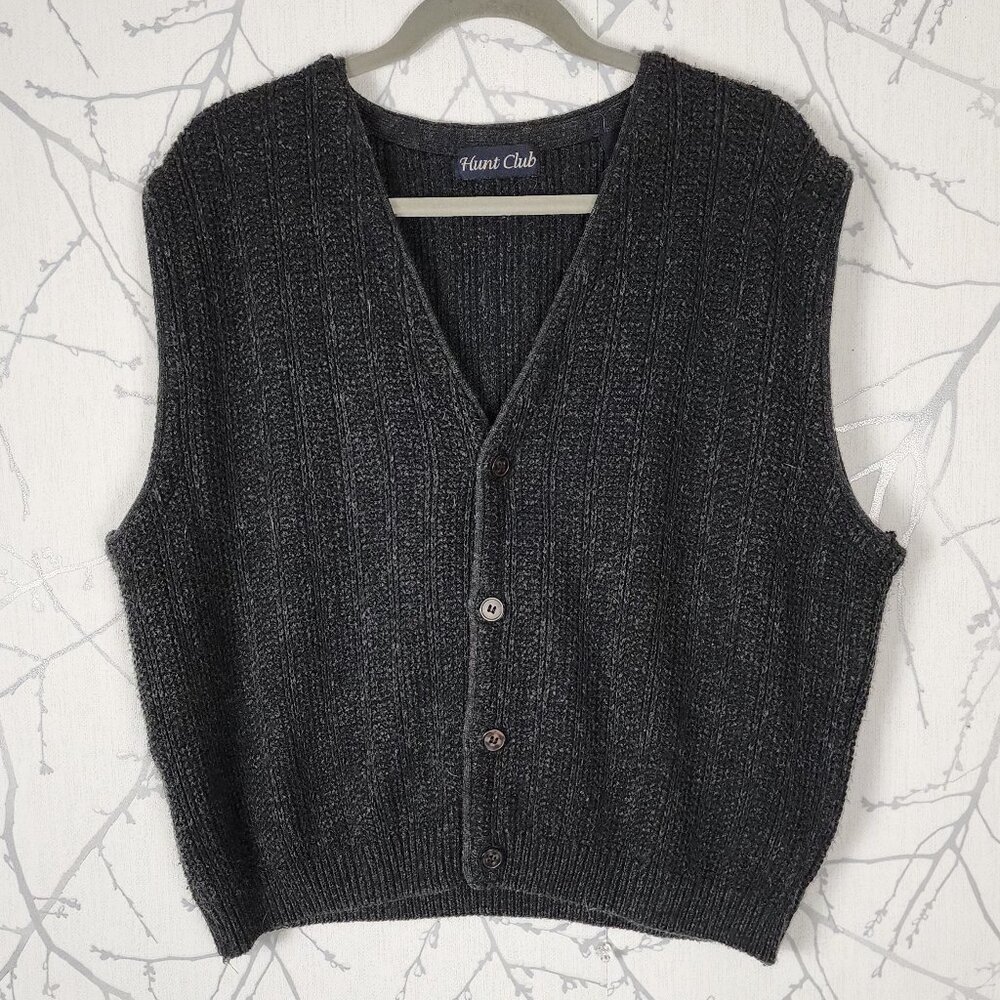Hunt Club VTG Charcoal Gray Acrylic Knit Button Front Sweater Vest